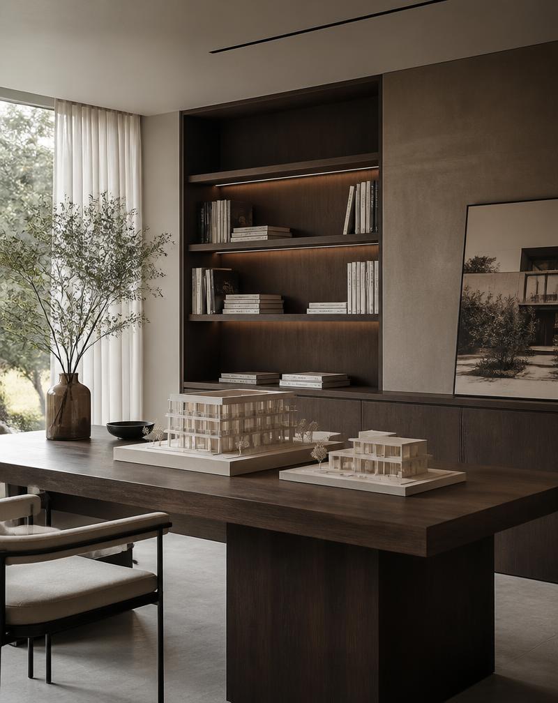 Escritório com mesa de trabalho, plantas de arquitetura e livros